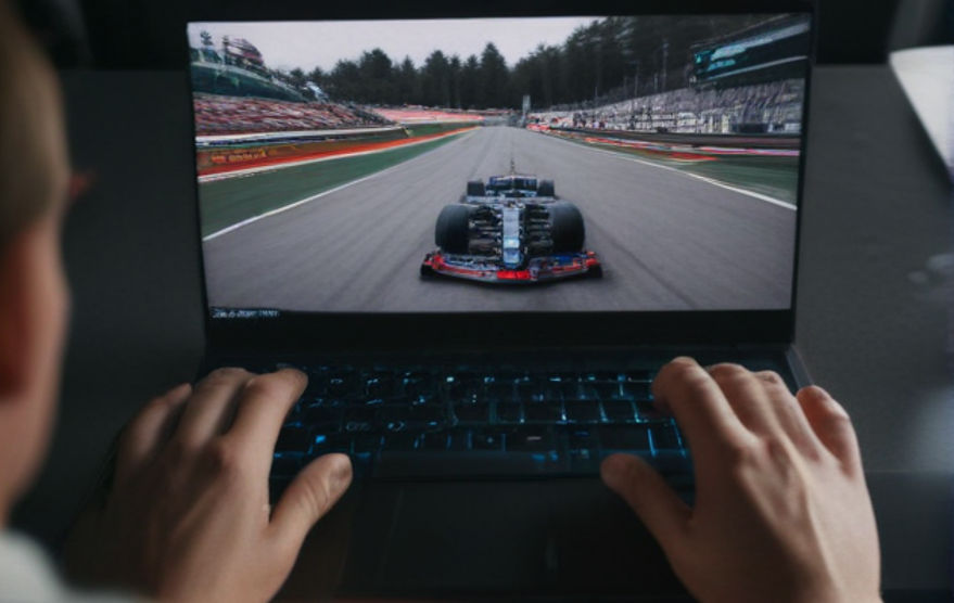 First person view of a man in front of a laptop with an F1 car on the display.