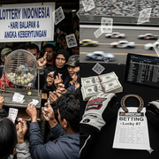 A split image showing a crowd of people around a lottery vendor in Indonesia on the left, and a racing glove, cash, and a horseshoe next to a NASCAR betting slip on the right.