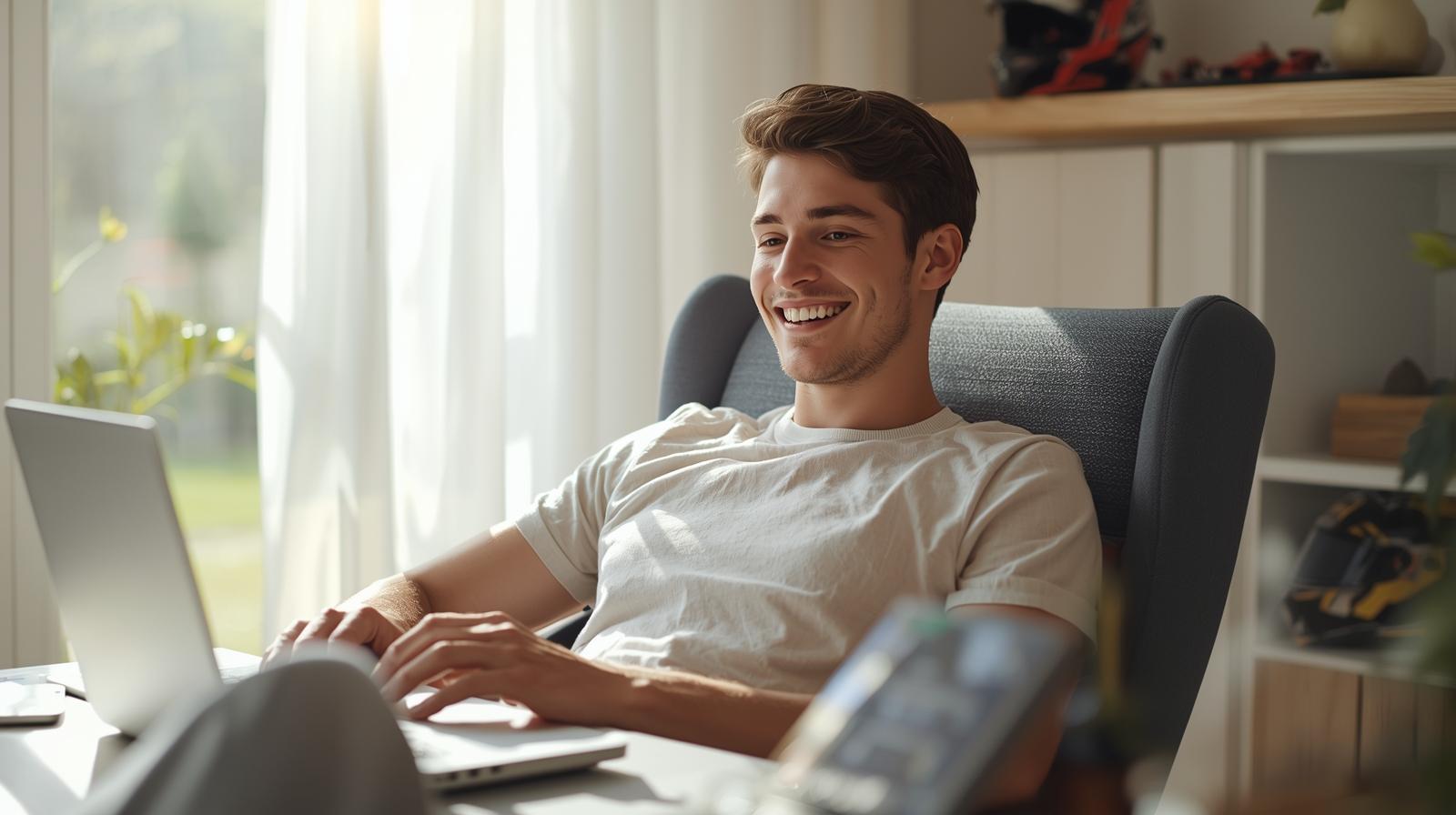 Happy man using laptop with subtle motorsport décor, warm lighting, relaxed and positive atmosphere.