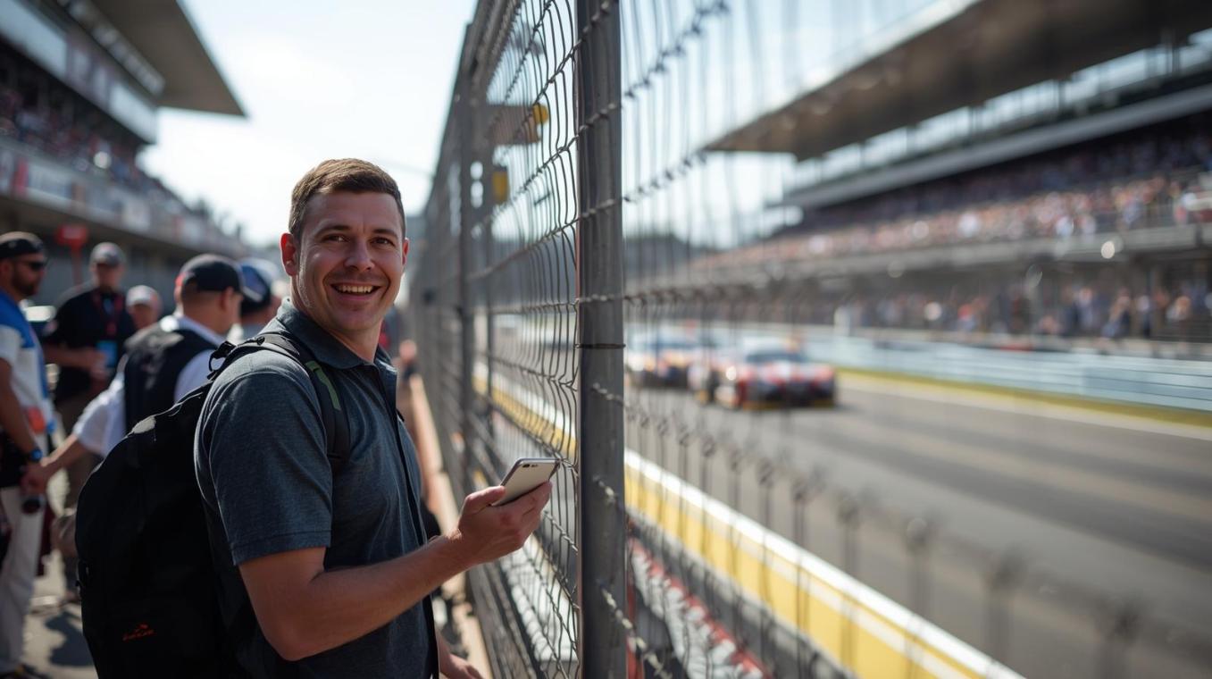 Excited motorsport fan enjoying race day atmosphere with speed and anticipation surrounding them.