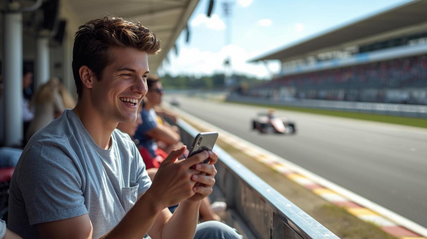 Young man excitedly watching live EPL coverage while enjoying a car race.
