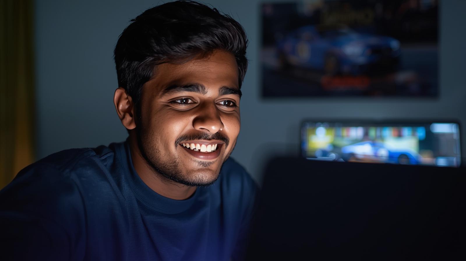Young man focused on laptop, racing poster behind, late night excitement.