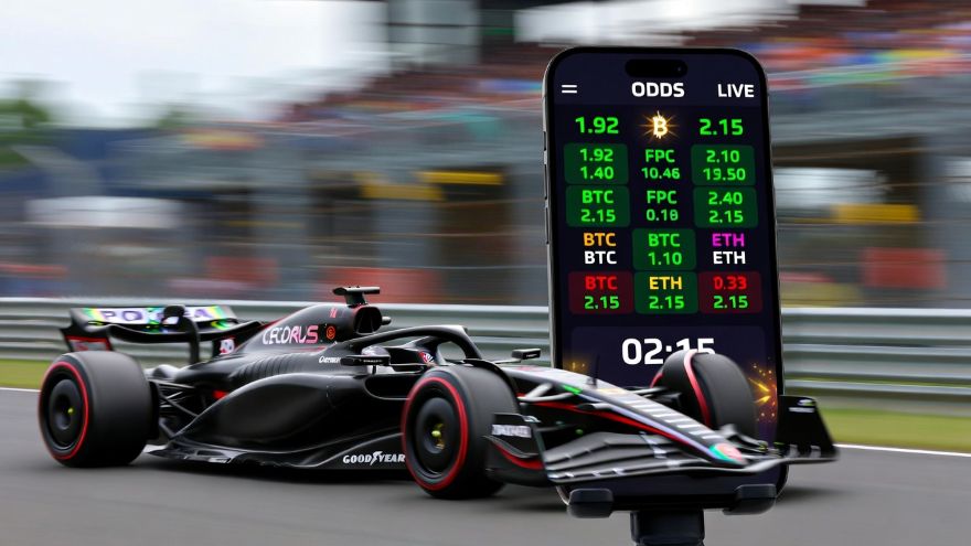 formula 1 car speeding displaying live crypto betting odds
