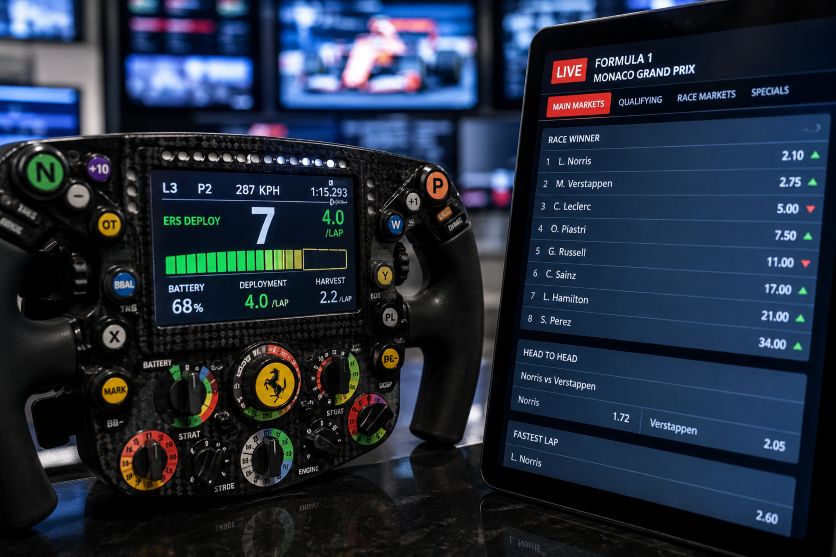 F1 steering wheel displaying energy deployment data
